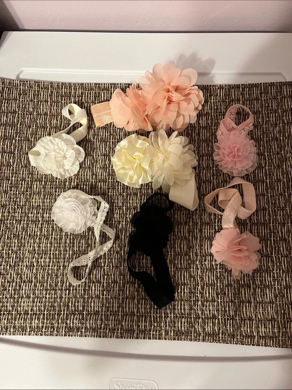 Set of Floral Baby Headbands in Pink, Cream, White & Black